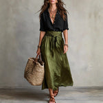 Lyla - two-piece set: black t-shirt and olive green midi skirt — view 1