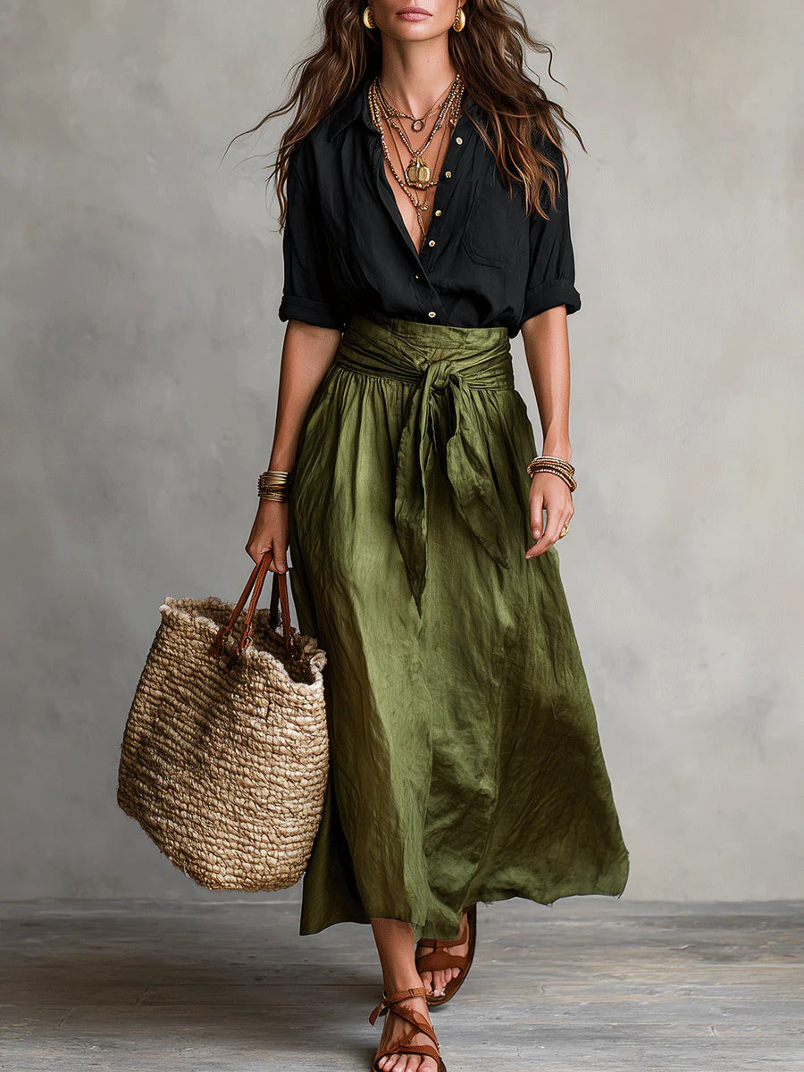 Lyla - two-piece set: black t-shirt and olive green midi skirt — view 2