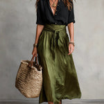 Lyla - two-piece set: black t-shirt and olive green midi skirt — view 2