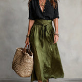 Lyla - two-piece set: black t-shirt and olive green midi skirt — view 2