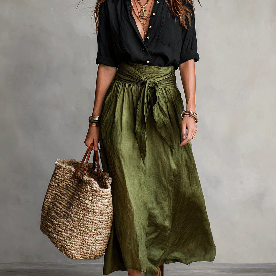 Lyla - two-piece set: black t-shirt and olive green midi skirt — view 2