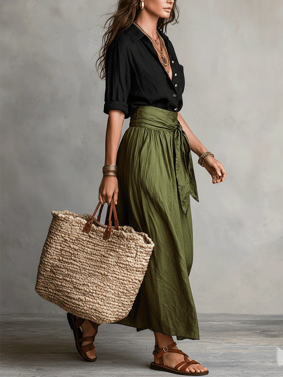 Lyla - two-piece set: black t-shirt and olive green midi skirt — view 3