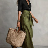 Lyla - two-piece set: black t-shirt and olive green midi skirt — view 3