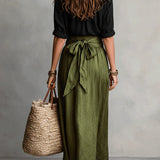 Lyla - two-piece set: black t-shirt and olive green midi skirt — view 4