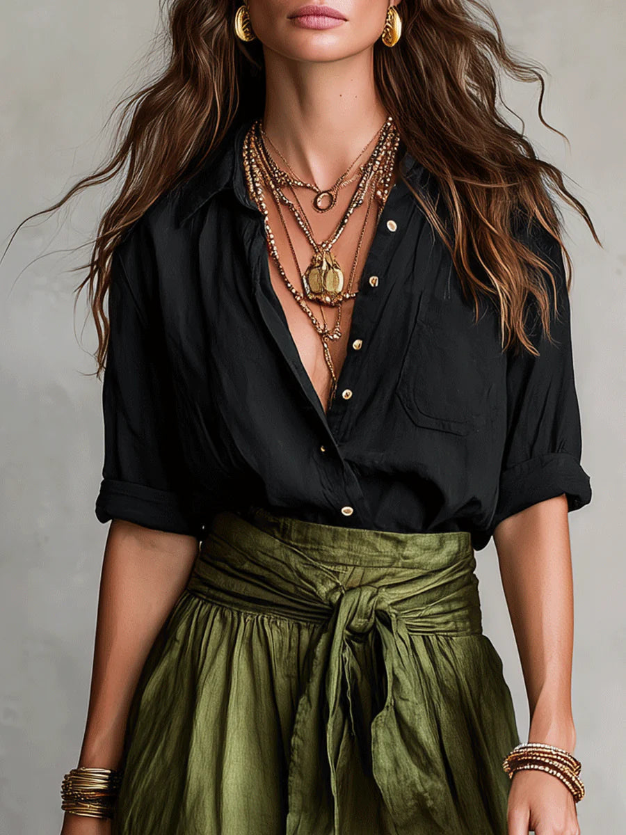 Lyla - two-piece set: black t-shirt and olive green midi skirt — view 5