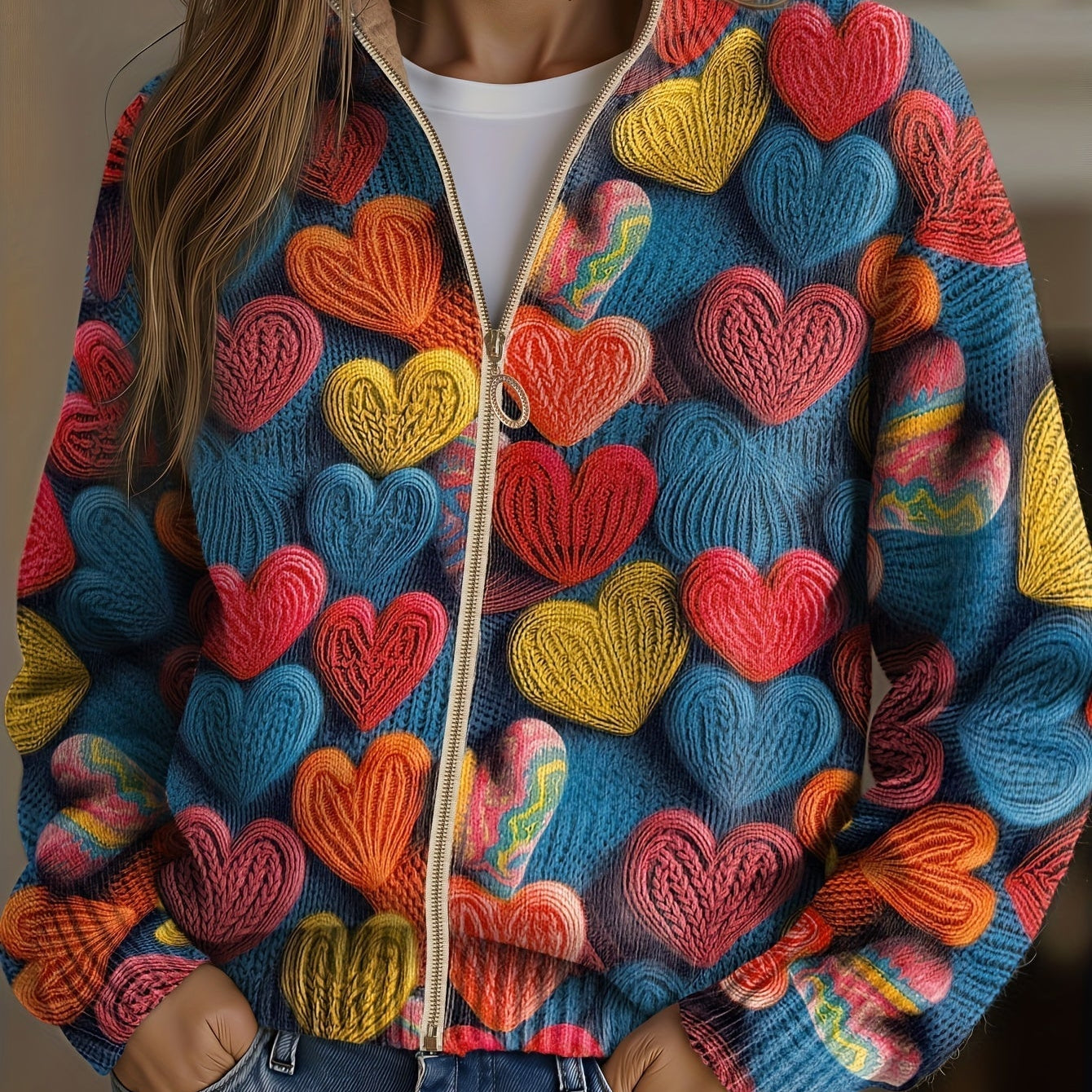 Madeline - textured knit cardigan with a colourful heart pattern — view 1