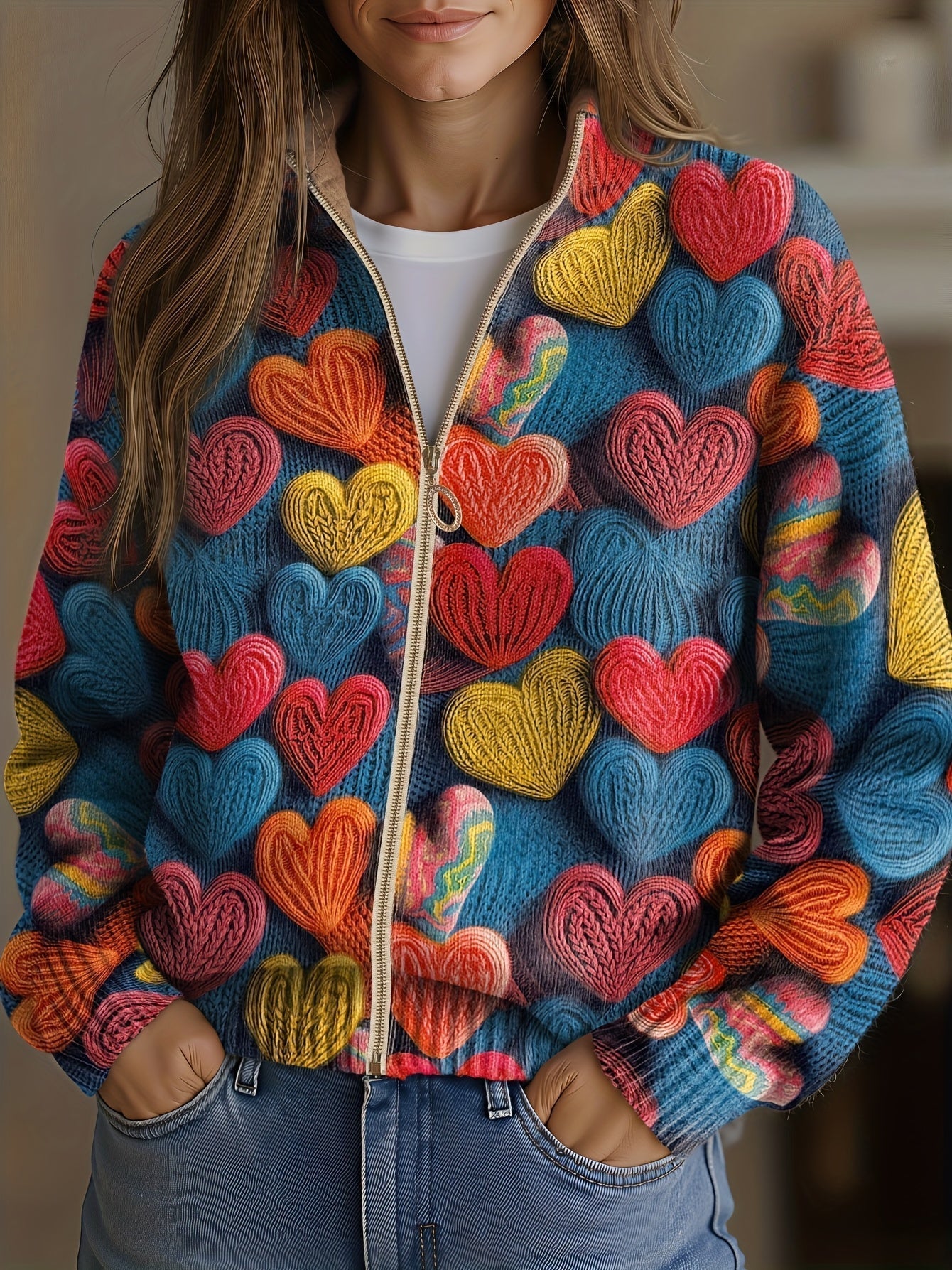 Madeline - textured knit cardigan with a colourful heart pattern — view 1