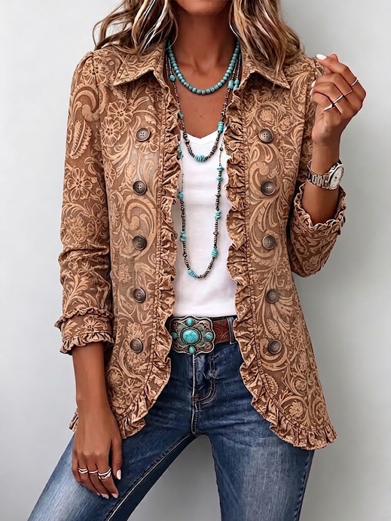 Madison - Retro bohemian floral ruffled coat — view 1