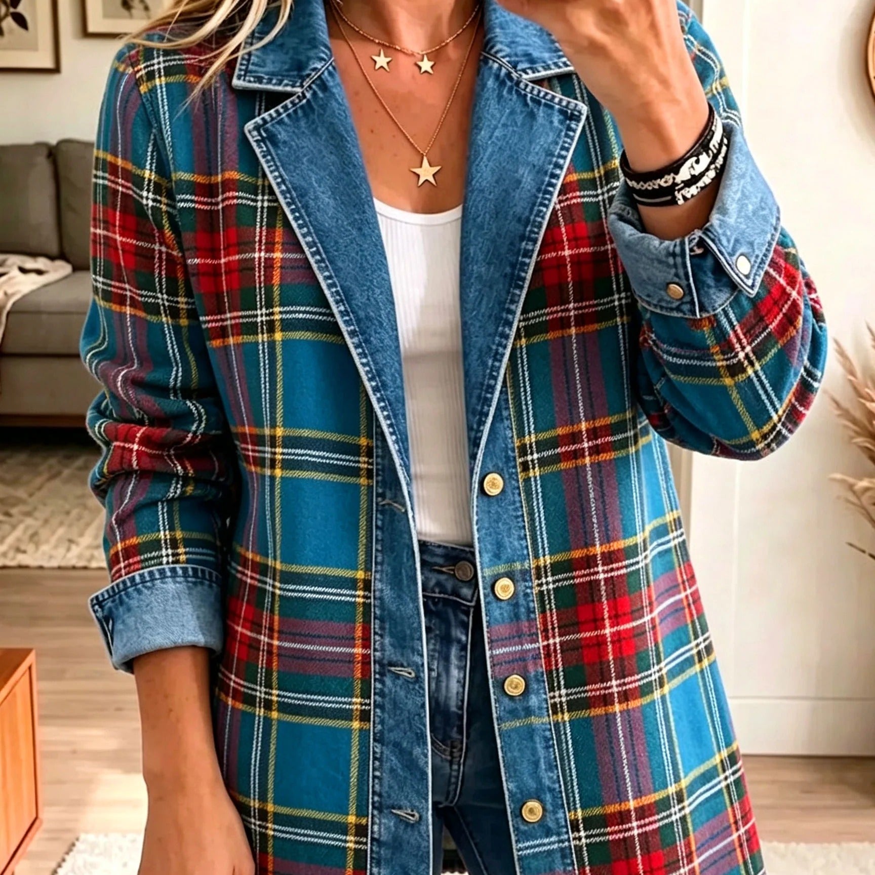 Madison Tartan Patchwork Denim Blazer — view 1