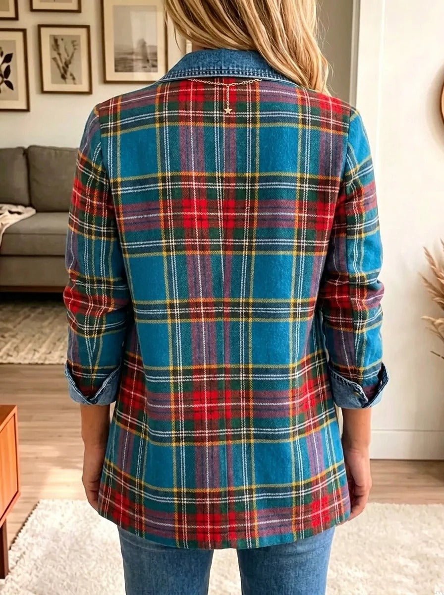 Madison Tartan Patchwork Denim Blazer — view 2