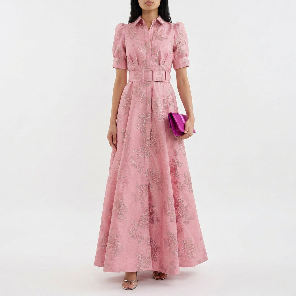 Margaret - long floral jacquard dress with belt — view 1