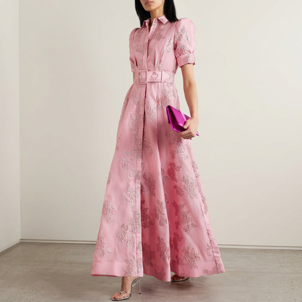 Margaret - long floral jacquard dress with belt — view 2
