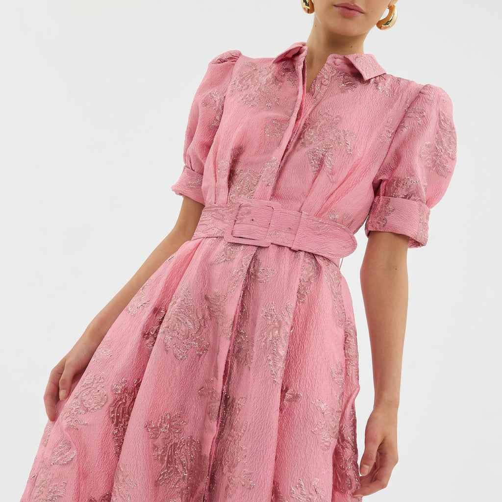 Margaret - long floral jacquard dress with belt — view 5