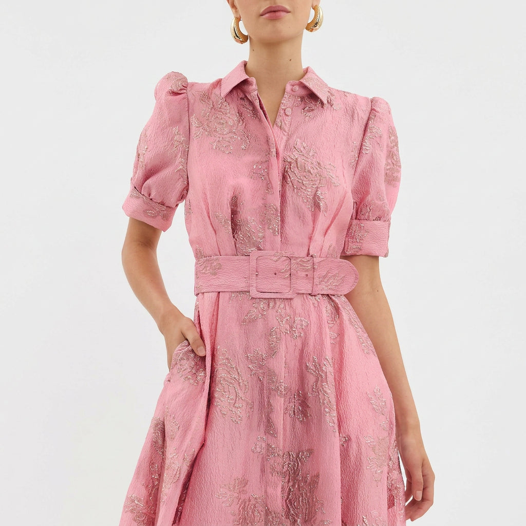 Margaret - long floral jacquard dress with belt — view 7