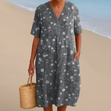 Mila - charcoal floral dress with white trim — view 1