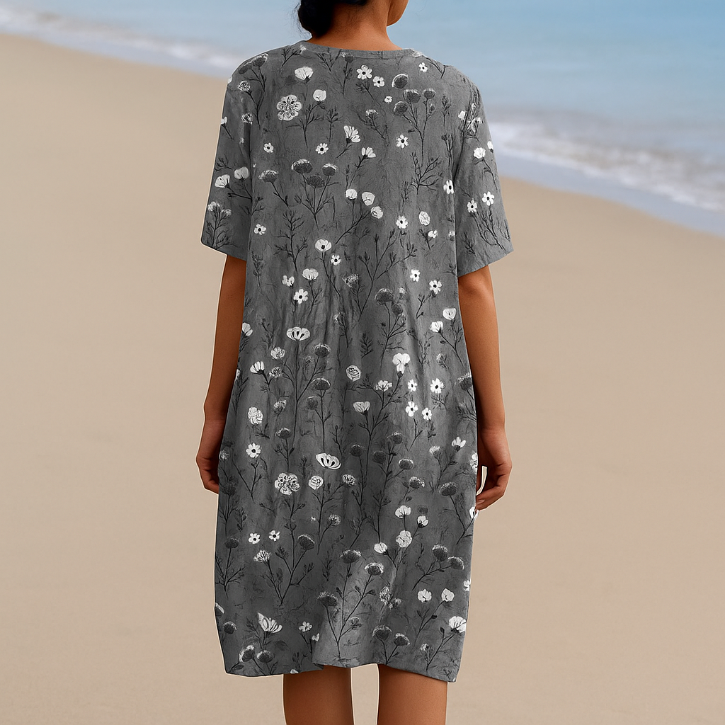Mila - charcoal floral dress with white trim — view 2