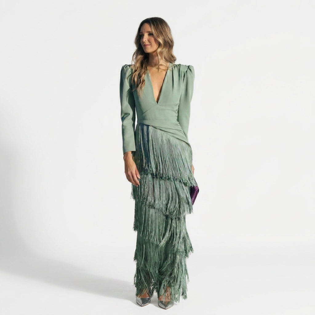 Monica - long fringe dress with V-neck — view 1