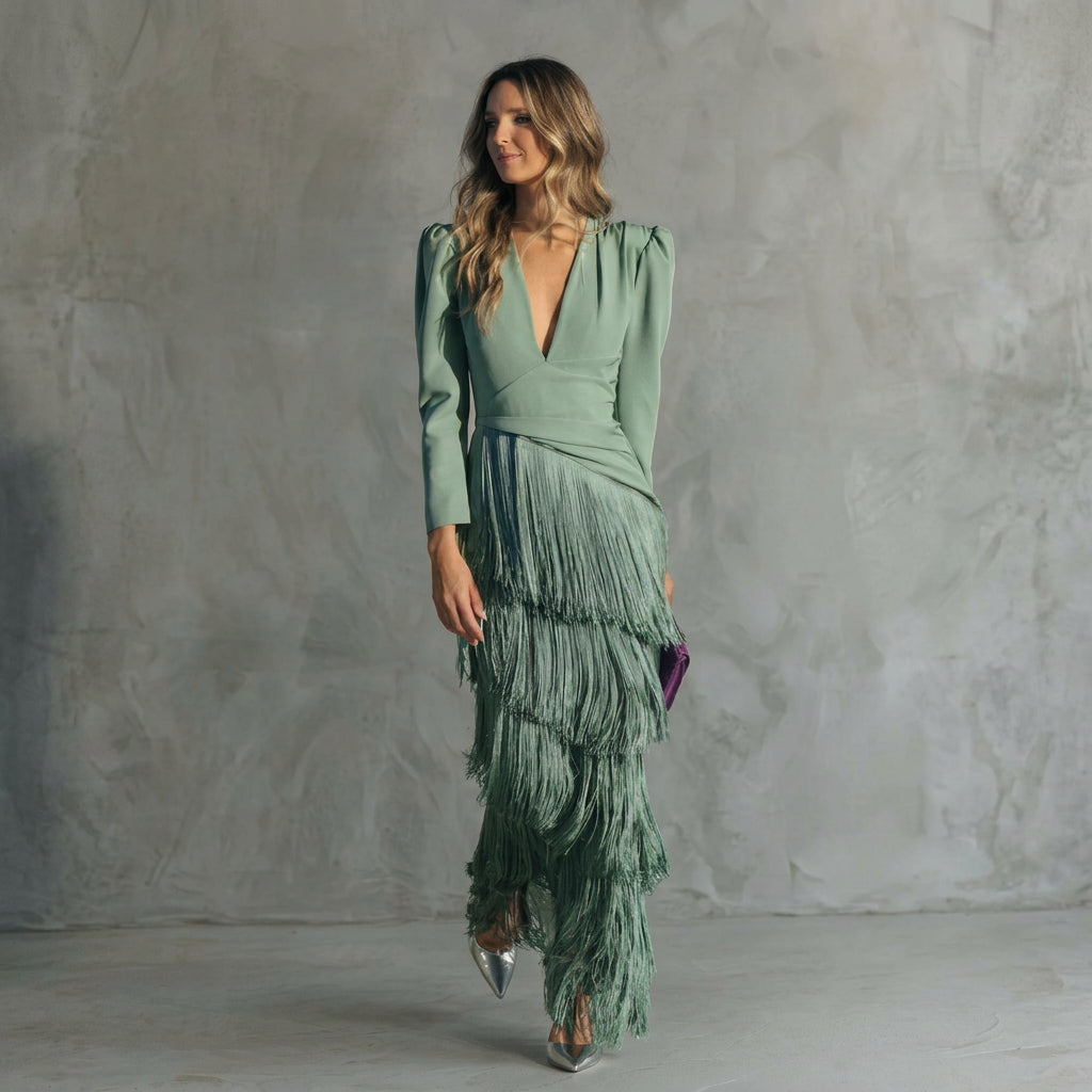Monica - long fringe dress with V-neck — view 2