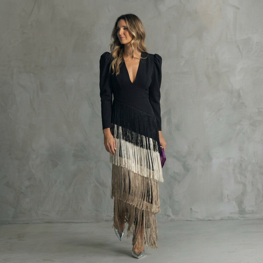 Monica - long fringe dress with V-neck — view 5
