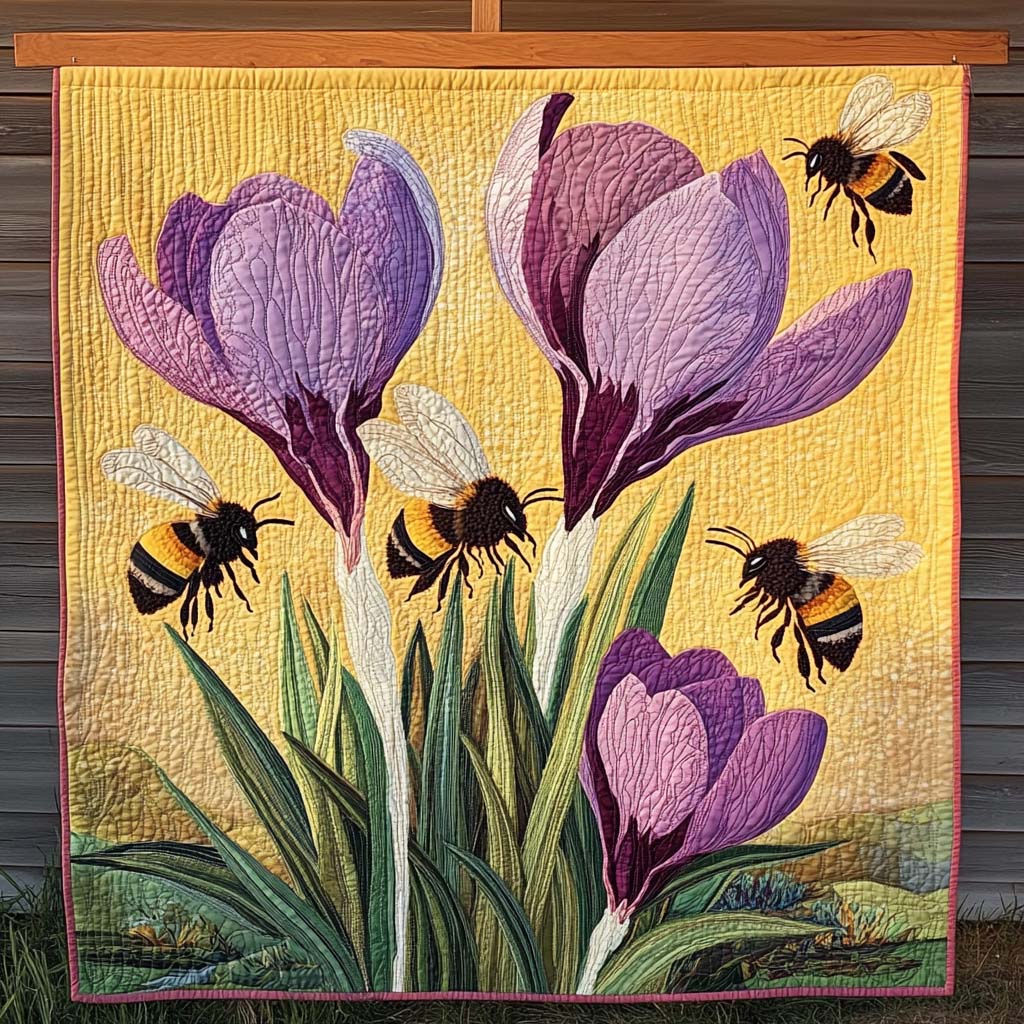 Artistic tapestry - Bumble bees and crocuses — view 1