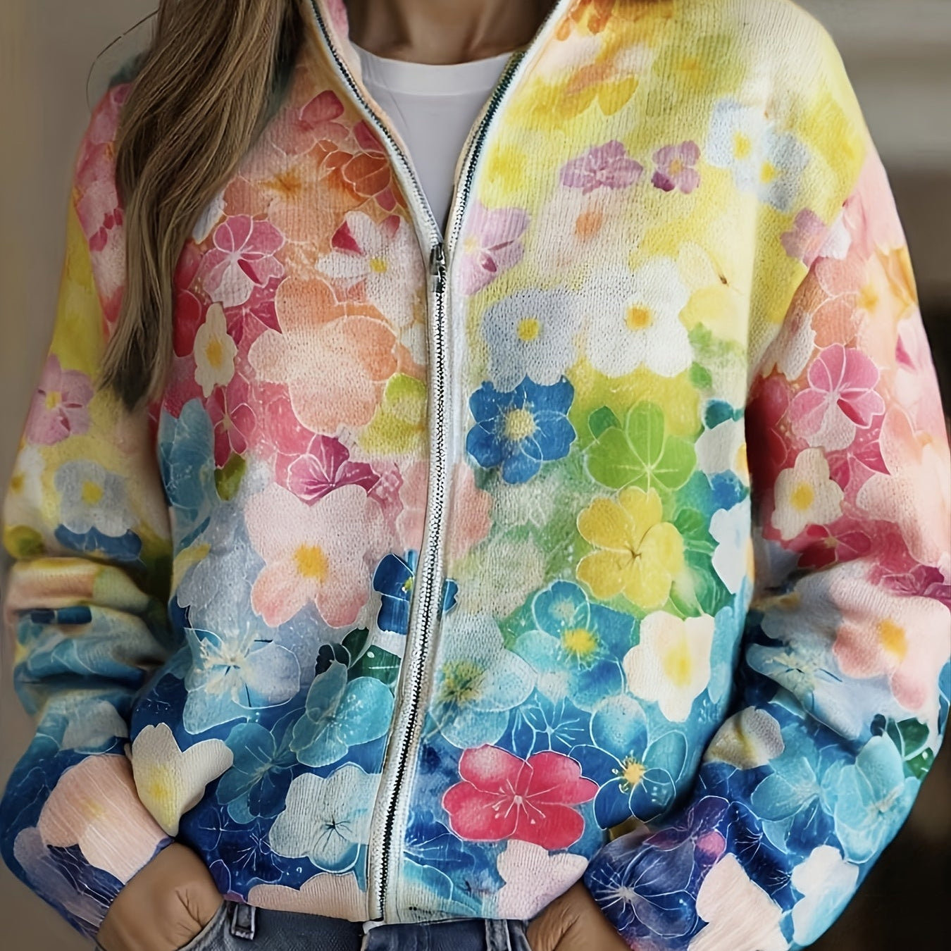 Natalie - Watercolor Floral Gradient Zip Up Cardigan — view 1