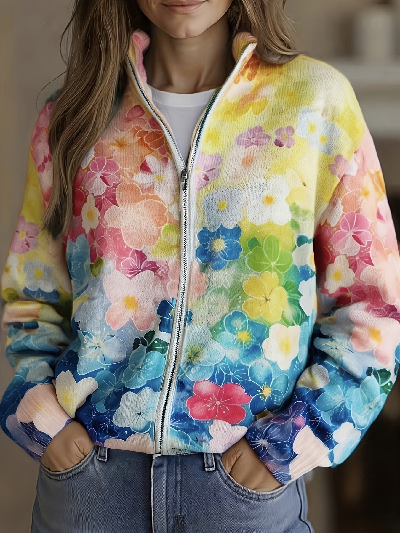 Natalie - Watercolor Floral Gradient Zip Up Cardigan — view 1