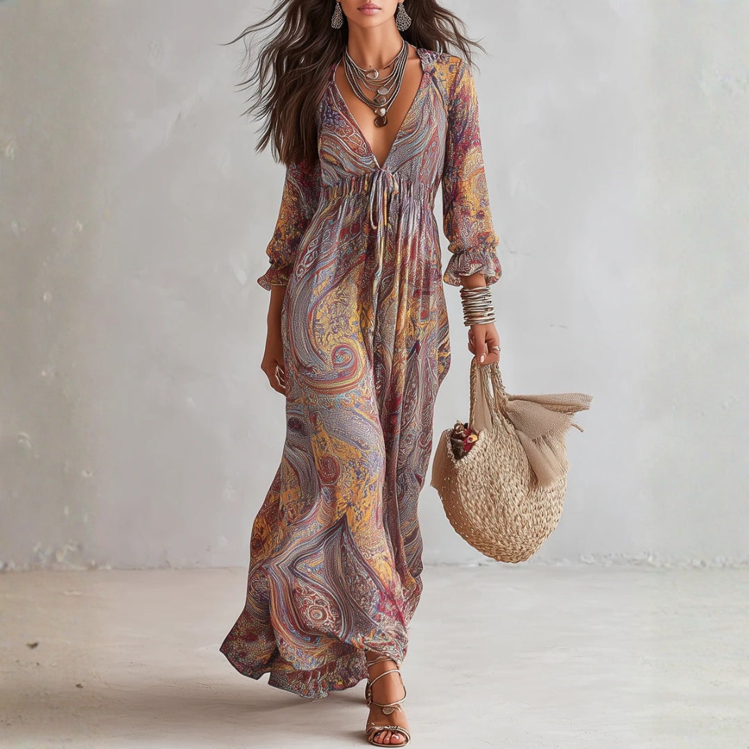 Natalie - paisley v-neck pleated chiffon maxi dress — view 1