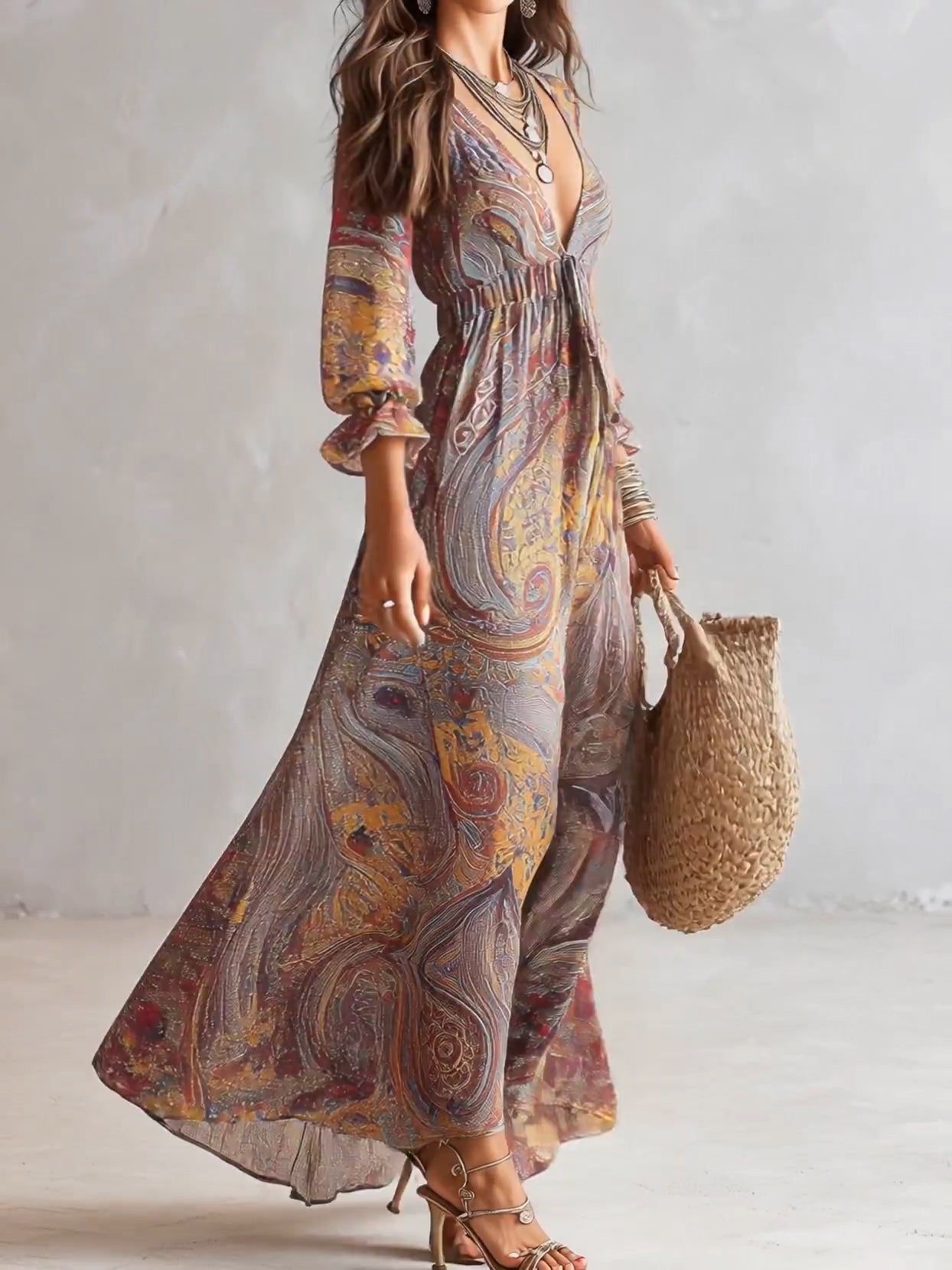 Natalie - paisley v-neck pleated chiffon maxi dress — view 3