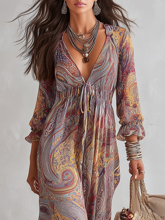 Natalie - paisley v-neck pleated chiffon maxi dress — view 5