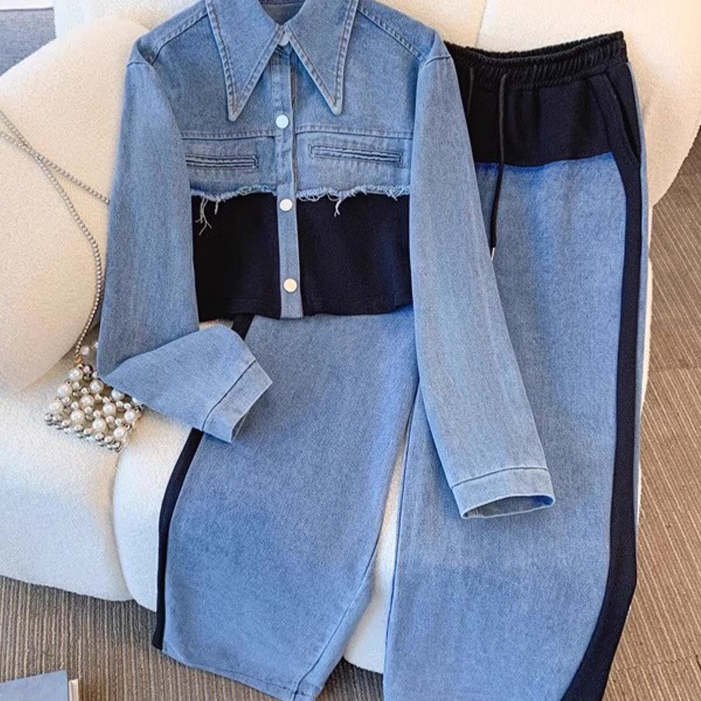 Natalie - Colour Block Cropped Jacket and Wide Leg Pants Set — view 1