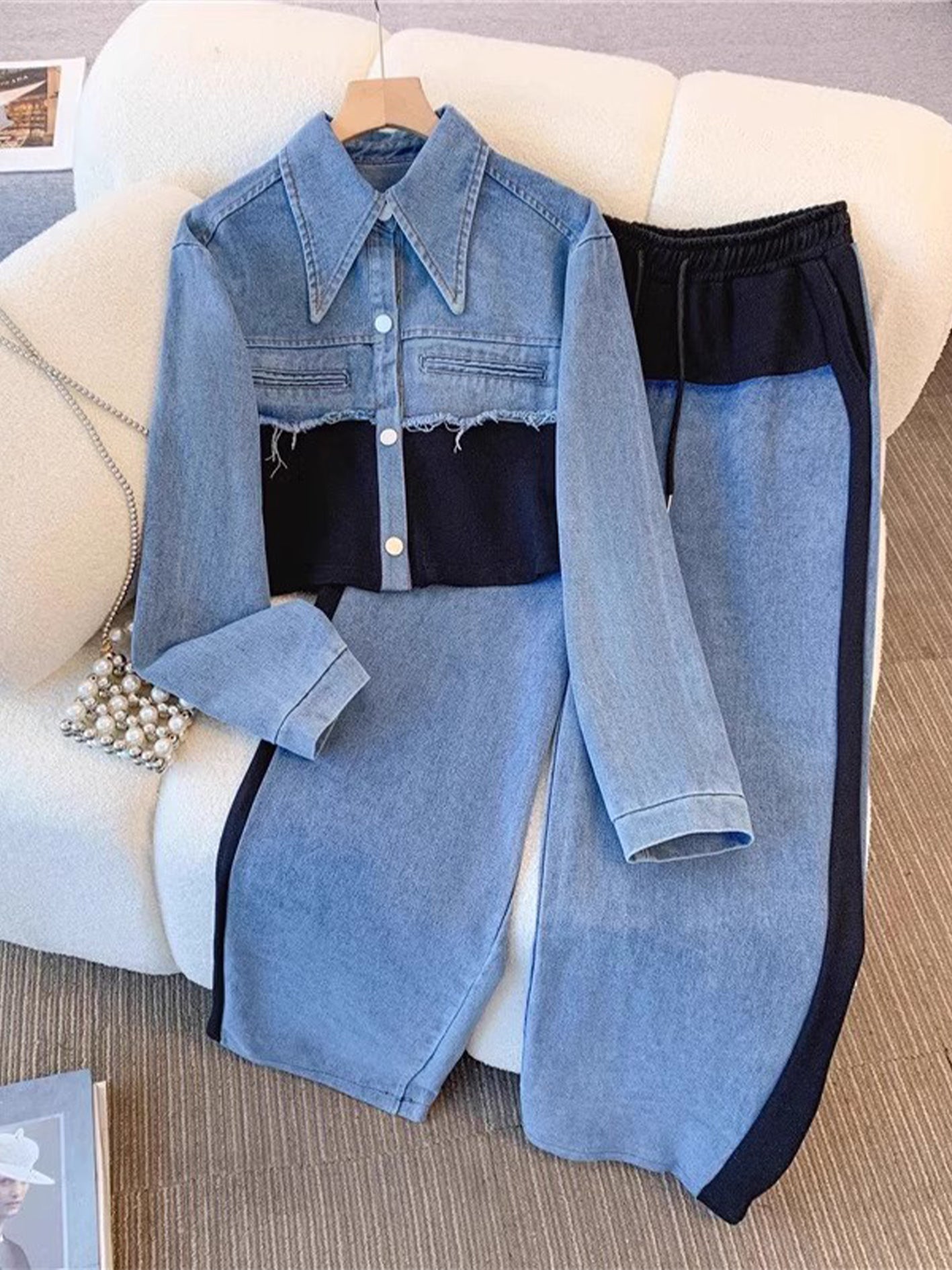 Natalie - Colour Block Cropped Jacket and Wide Leg Pants Set — view 1
