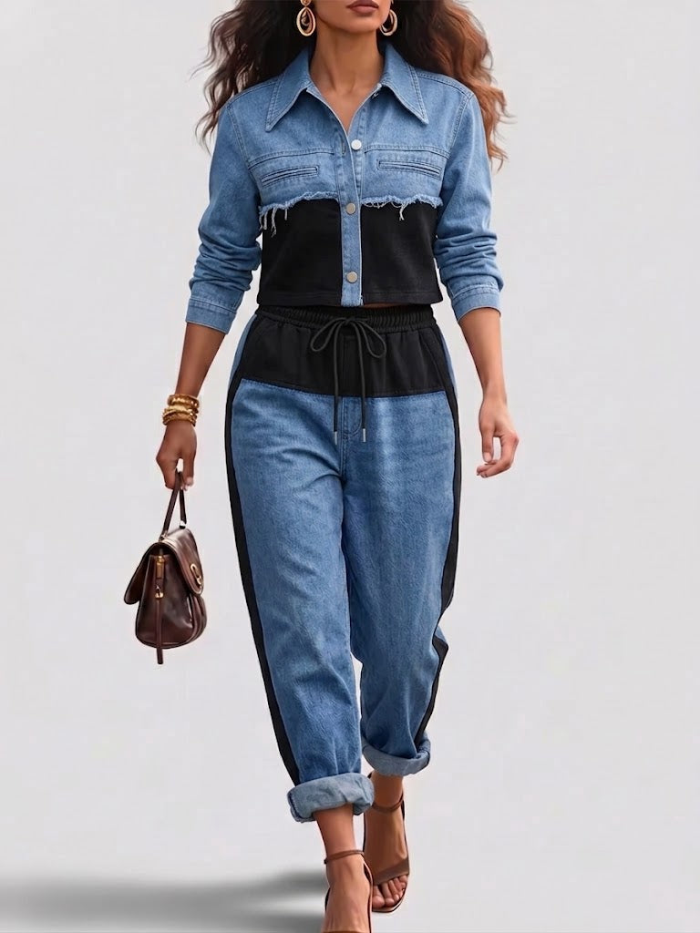 Natalie - Colour Block Cropped Jacket and Wide Leg Pants Set — view 2