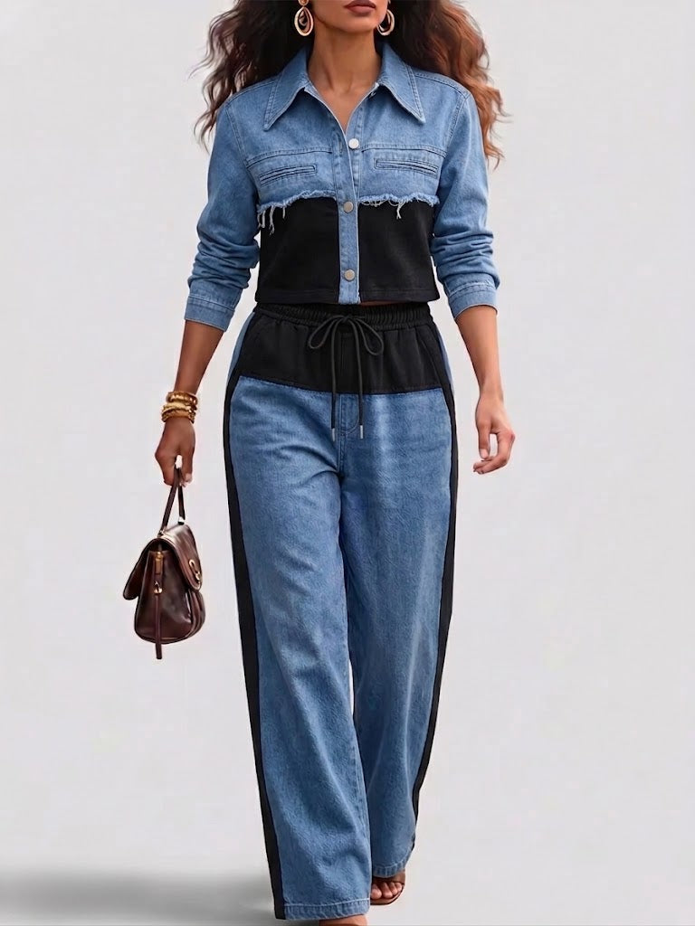 Natalie - Colour Block Cropped Jacket and Wide Leg Pants Set — view 3