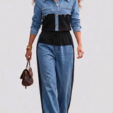Natalie - Colour Block Cropped Jacket and Wide Leg Pants Set — view 3