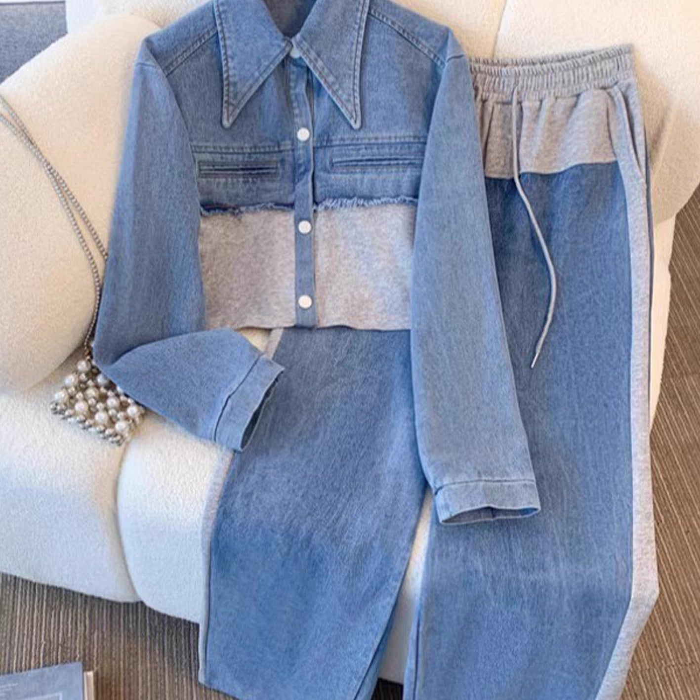 Natalie - Colour Block Cropped Jacket and Wide Leg Pants Set — view 4
