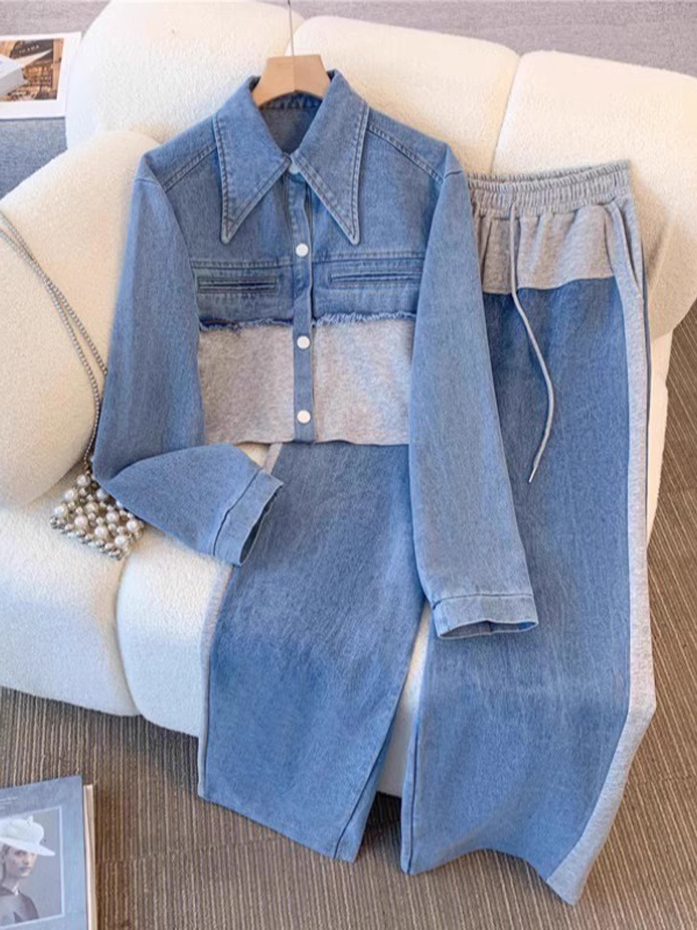 Natalie - Colour Block Cropped Jacket and Wide Leg Pants Set — view 4