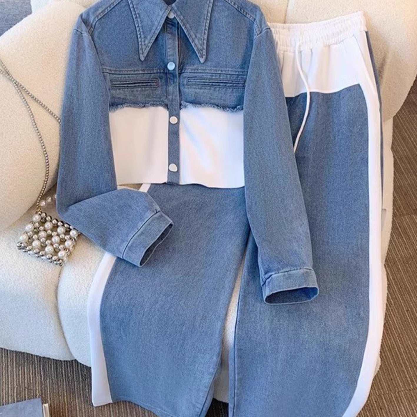 Natalie - Colour Block Cropped Jacket and Wide Leg Pants Set — view 5
