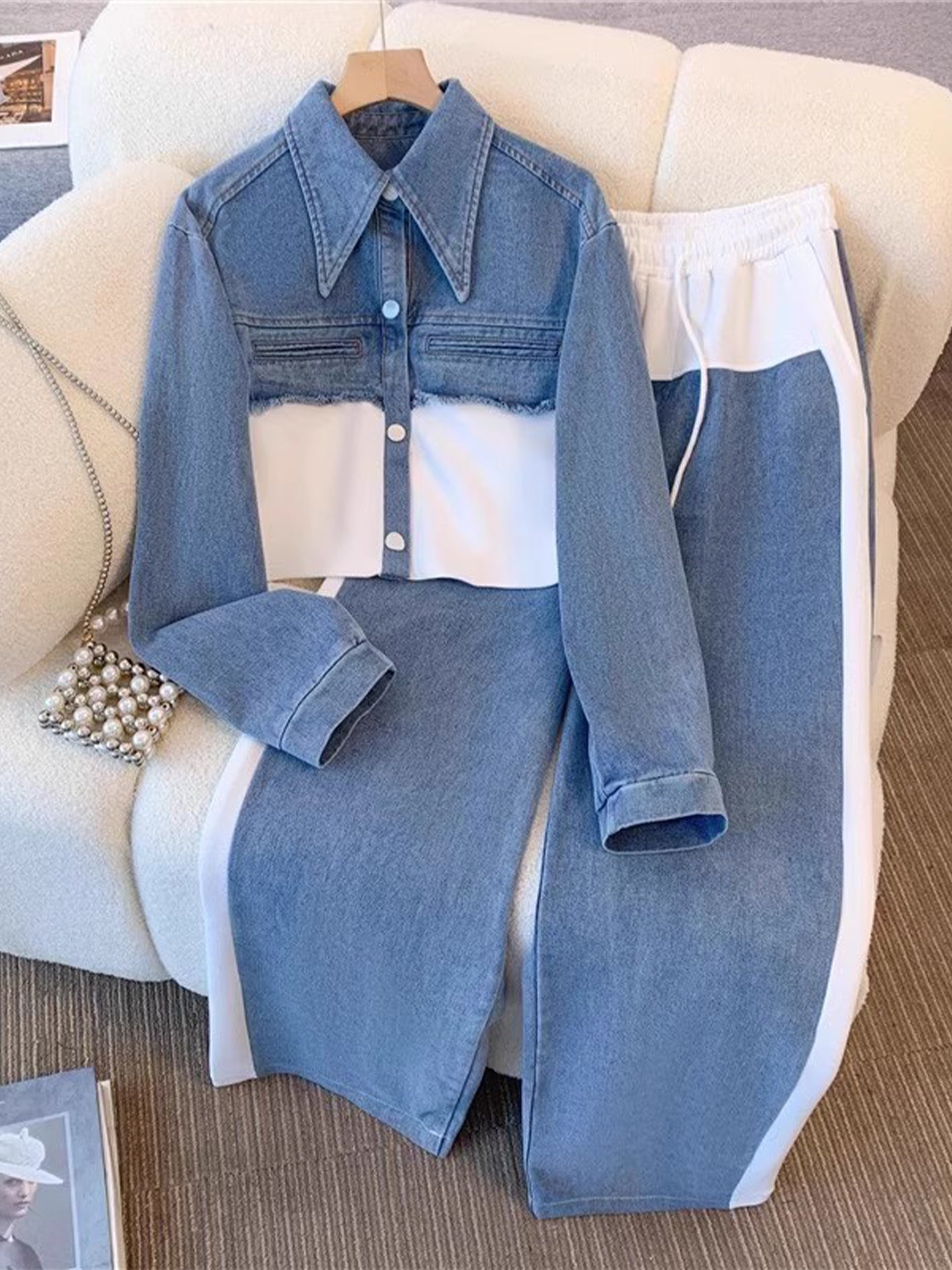 Natalie - Colour Block Cropped Jacket and Wide Leg Pants Set — view 5