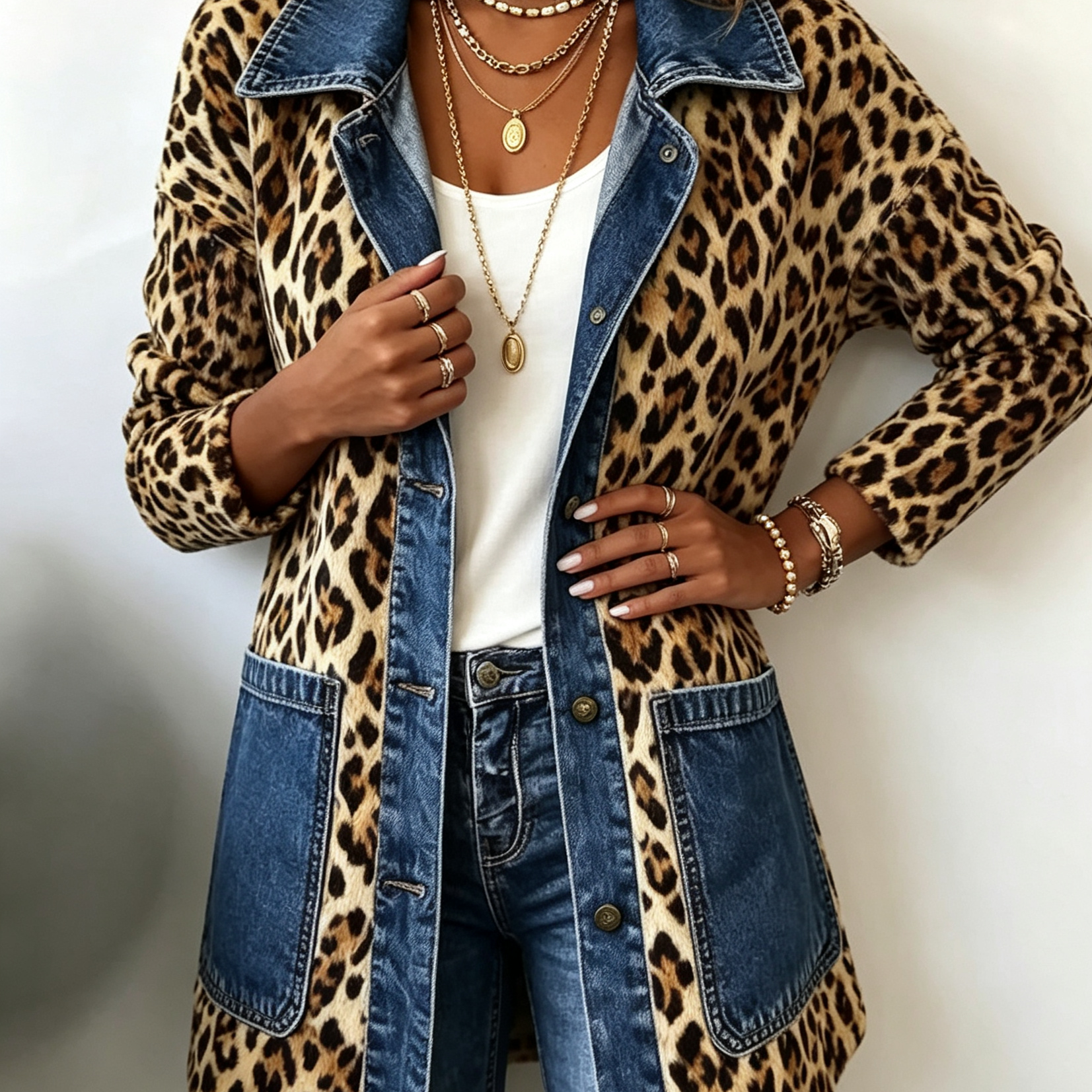 Nora - leopard print denim panel contrast long-line jacket — view 1