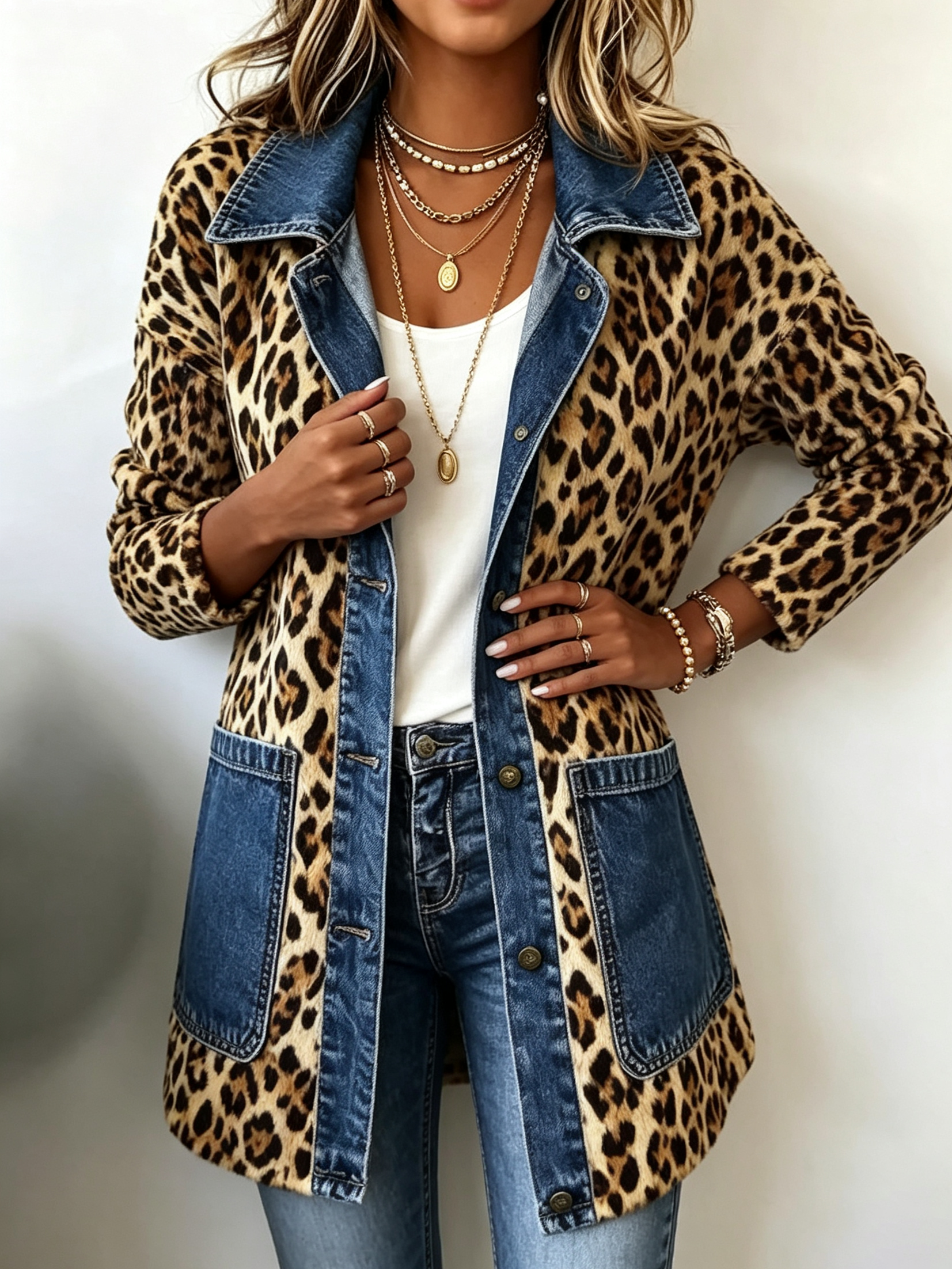Nora - leopard print denim panel contrast long-line jacket — view 1