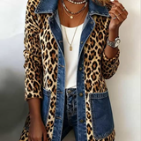 Nora - leopard print denim panel contrast long-line jacket — view 2