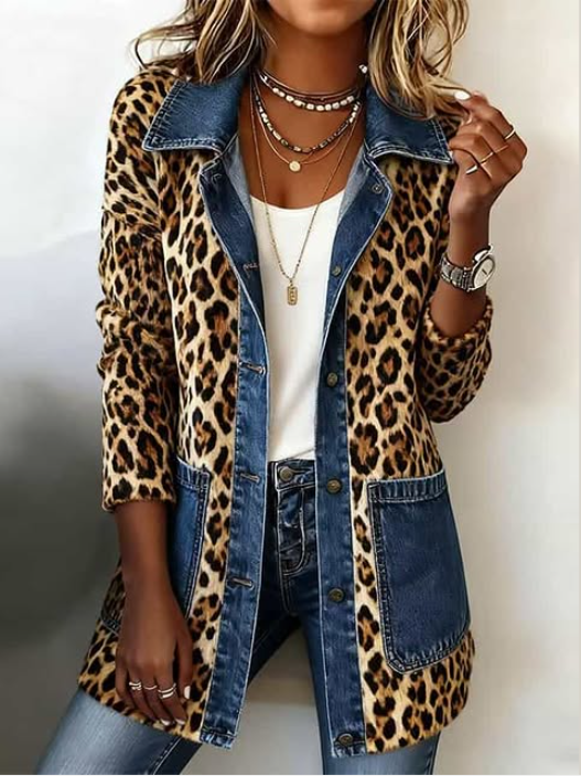 Nora - leopard print denim panel contrast long-line jacket — view 2