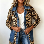 Nora - leopard print denim panel contrast long-line jacket — view 3