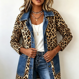 Nora - leopard print denim panel contrast long-line jacket — view 3