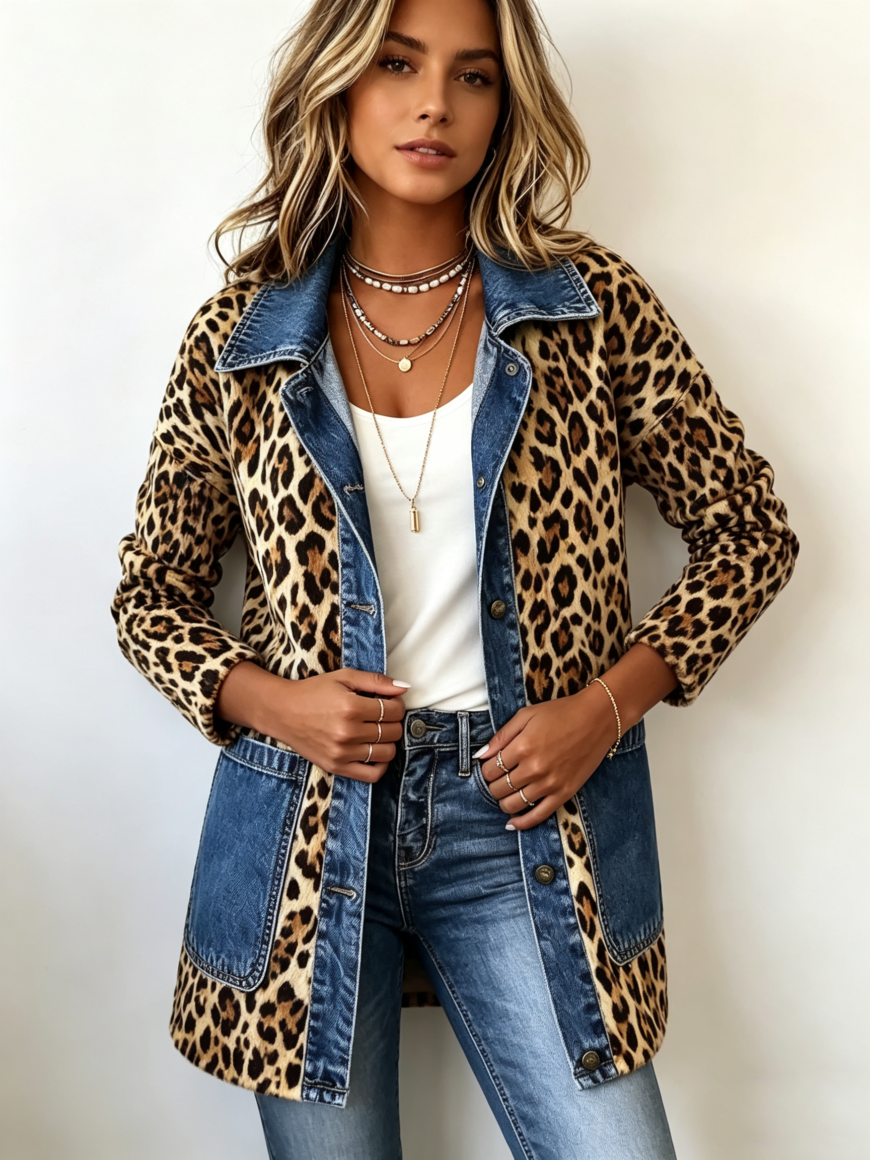 Nora - leopard print denim panel contrast long-line jacket — view 3