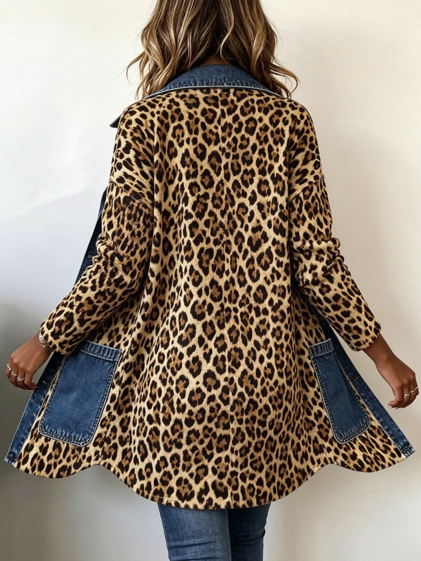 Nora - leopard print denim panel contrast long-line jacket — view 4