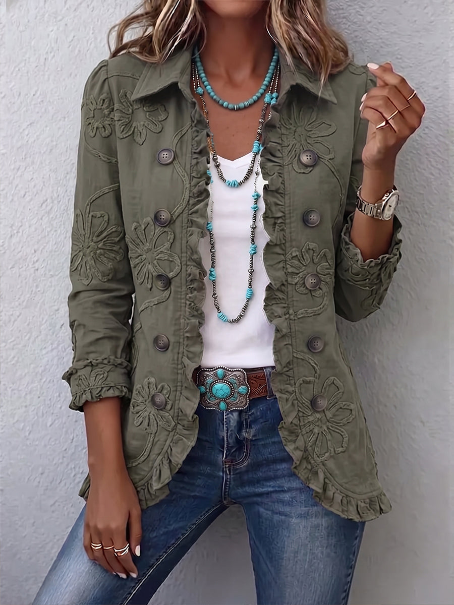 Olivia - boho-chic floral-embroidered utility jacket with frill trim — view 1