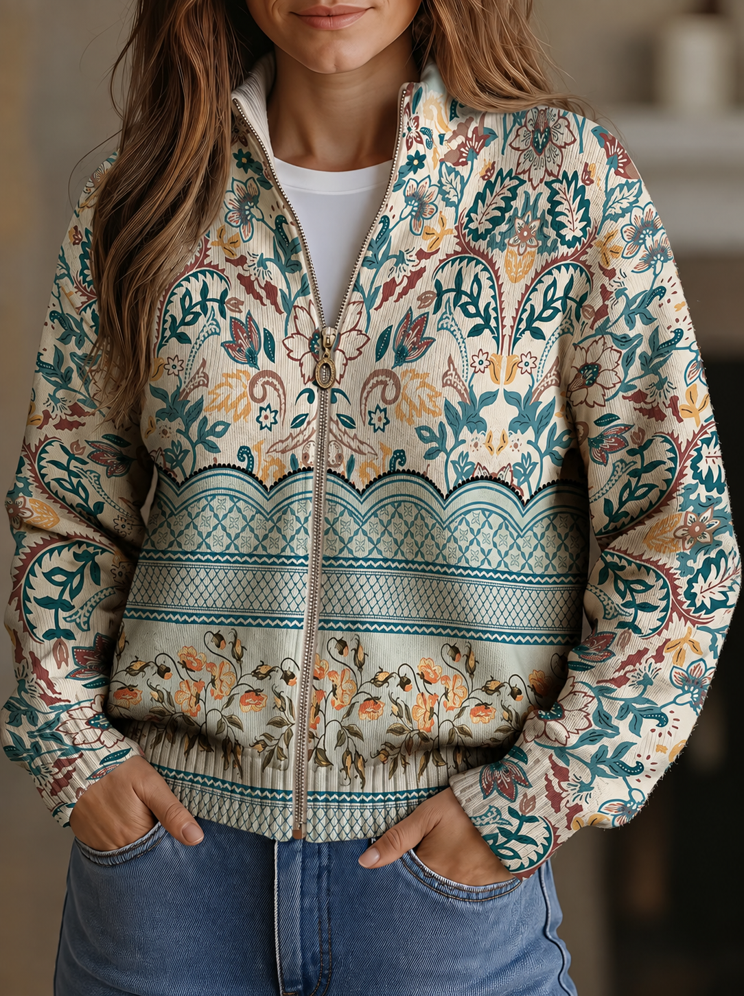 Olivia - cardigan with retro botanical border pattern — view 1