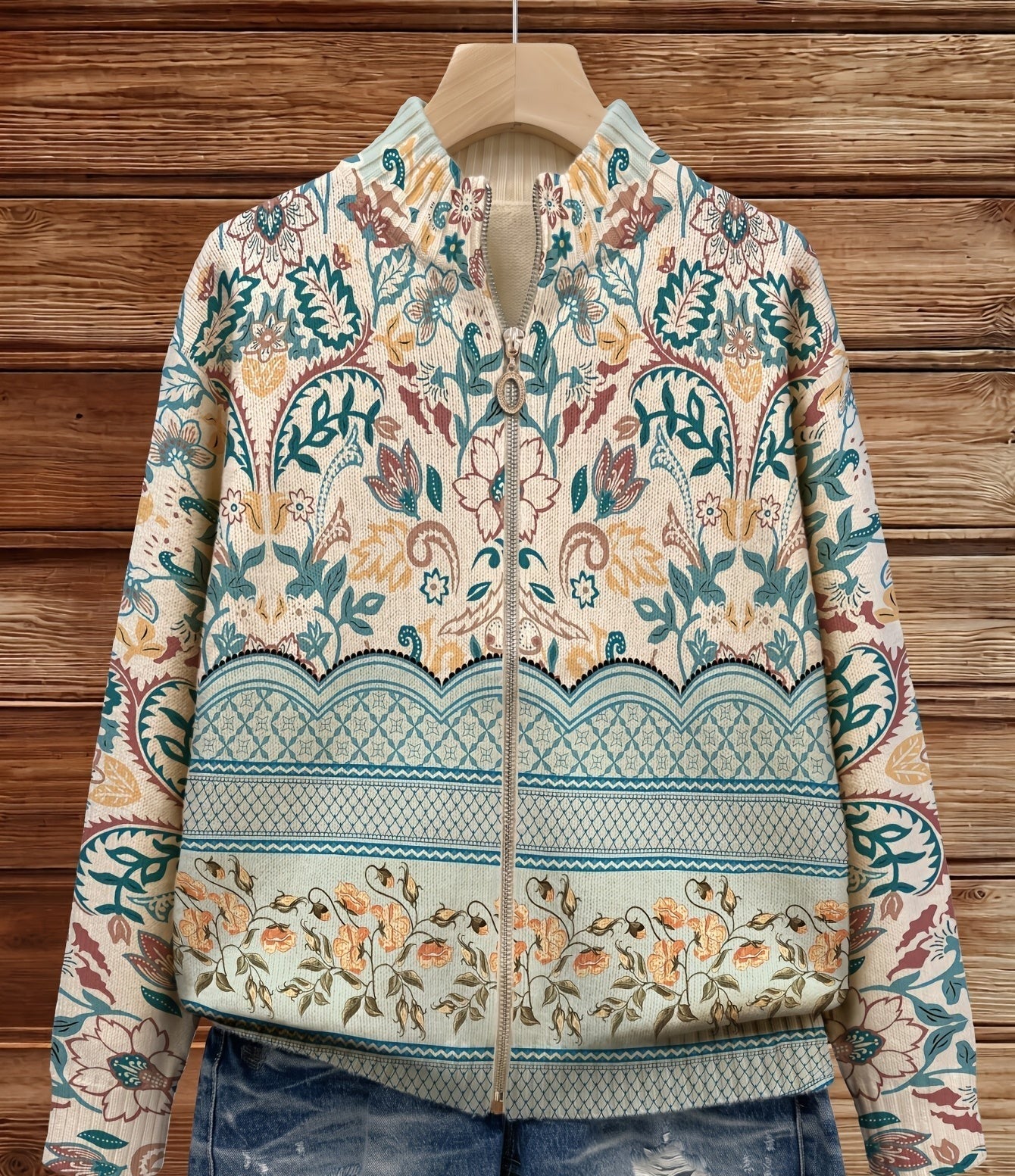 Olivia - cardigan with retro botanical border pattern — view 2