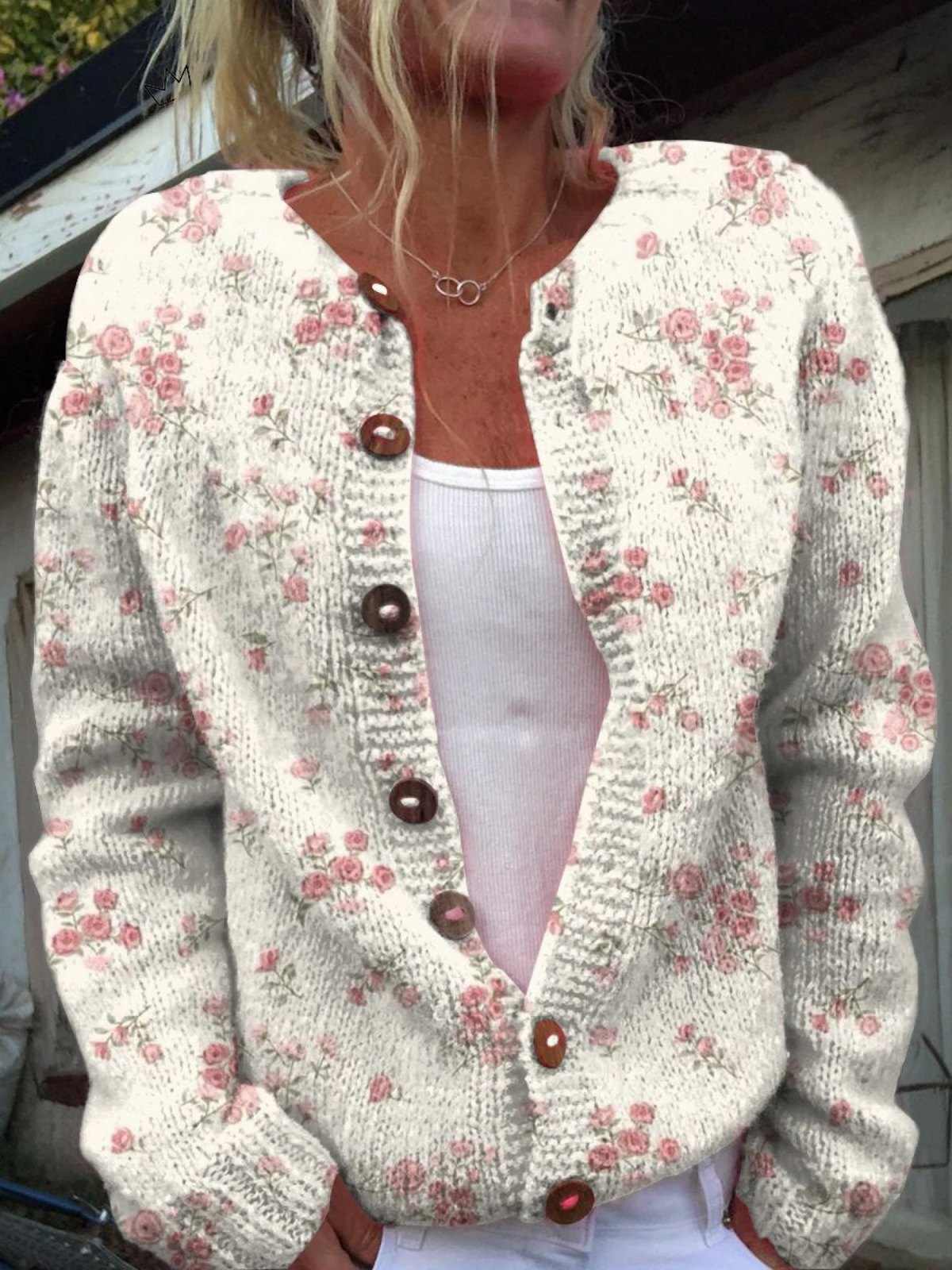 Paige - Retro Floral Knit Cardigan Sweater — view 1